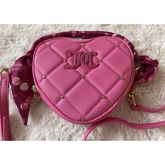 Juicy Couture Holding the Line Cherry Scarf Heart Crossbody Bag Raspberry Pink - Picture 3 of 14